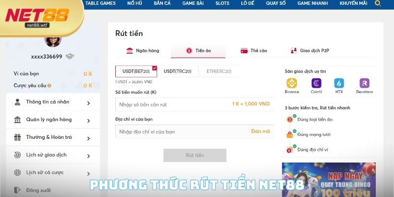 Phương thức rút tiền NET88